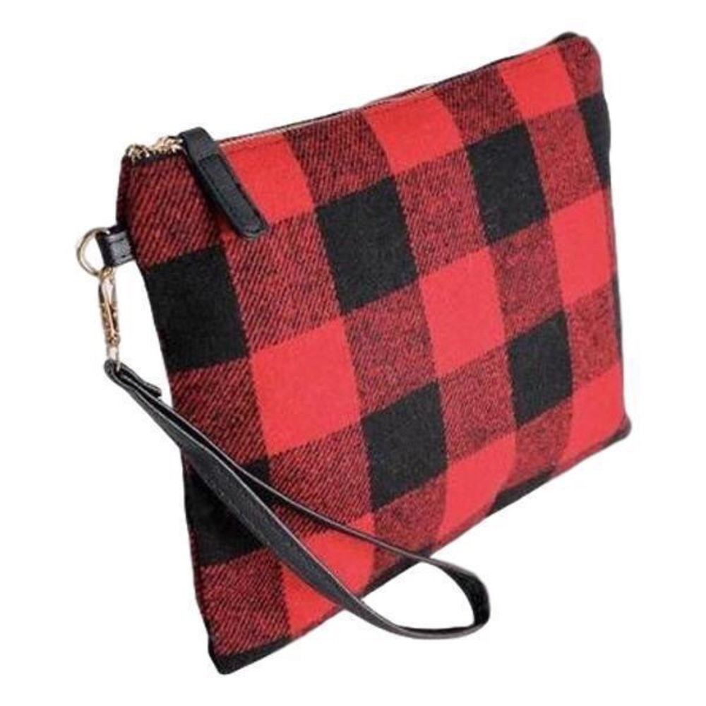Woven red and black buffalo check clutch